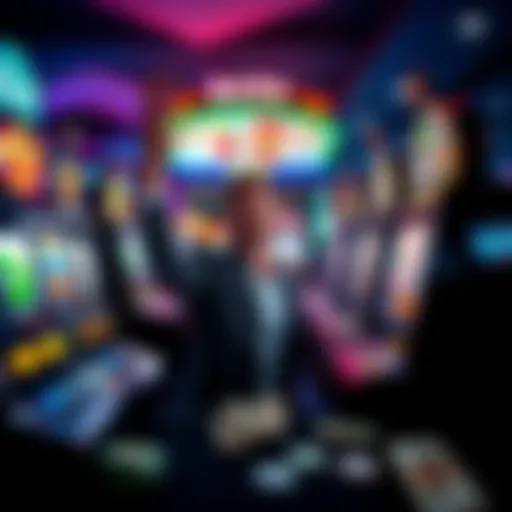 A first-time casino visitor celebrating a win at a slot machine, with chips and cash on the table, showing excitement and surprise.
