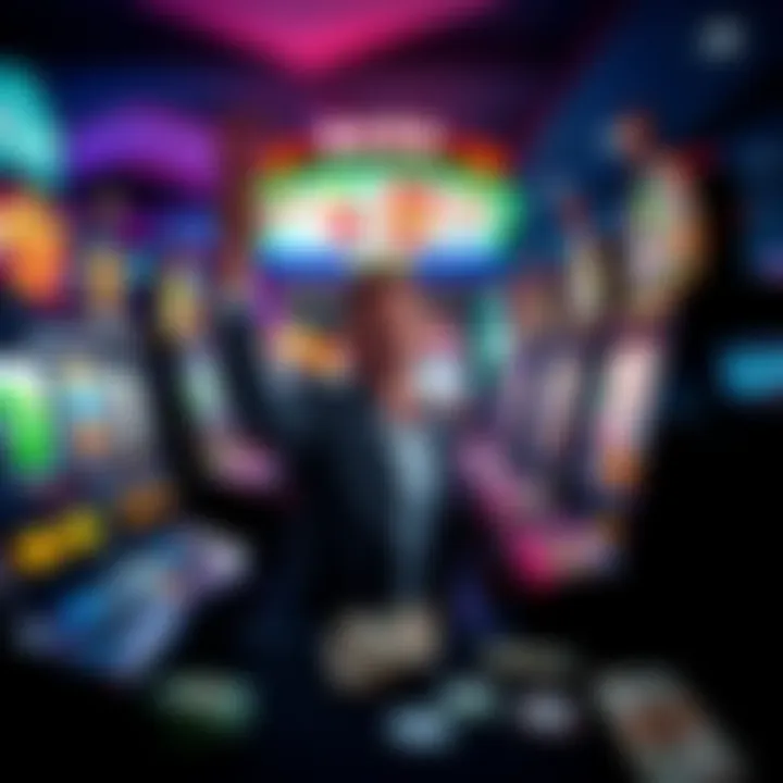 A first-time casino visitor celebrating a win at a slot machine, with chips and cash on the table, showing excitement and surprise.