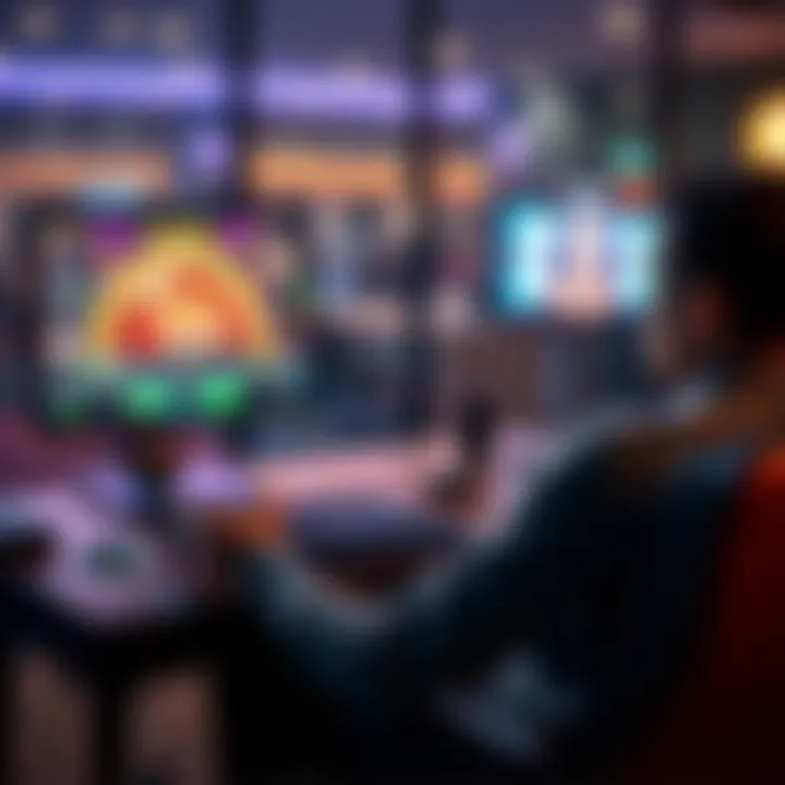 A person sitting at a desk, looking at a computer screen displaying an online casino, with a gaming controller in hand, ready to play.