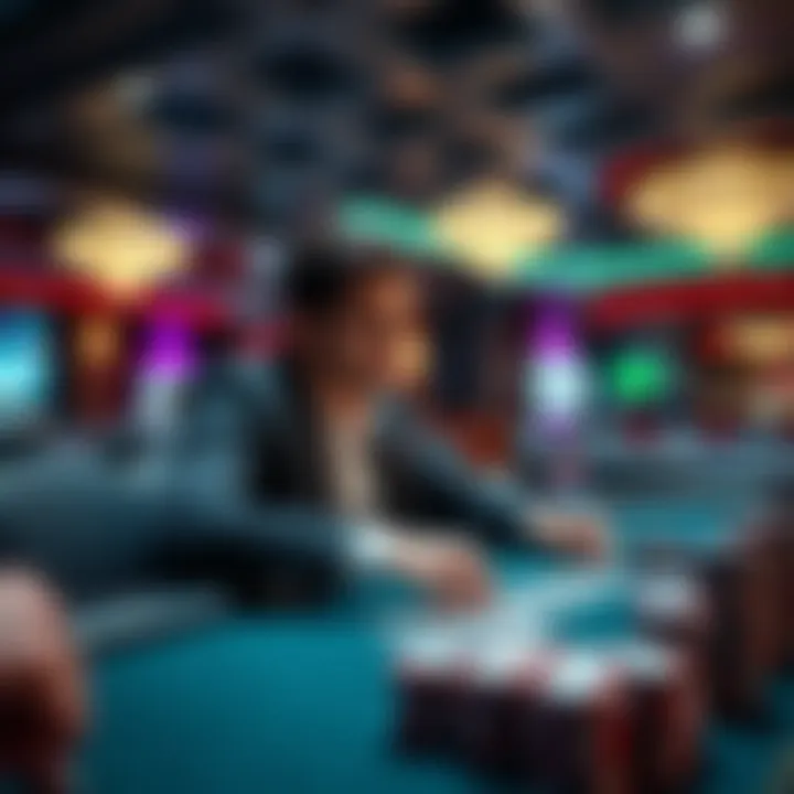 A person sitting at a poker table in a casino, looking at cards and chips, with a focused expression