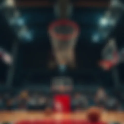 A historic moment showing the first basketball being shot through a hoop in a gym, with spectators cheering in the background.