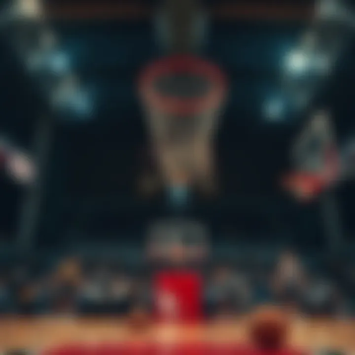 First Basketball Basket A historic moment showing the first basketball being shot through a hoop in a gym, with spectators cheering in the background.