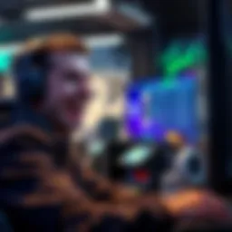 A player smiling while looking at a screen showing the CS2 betting interface, with gaming accessories in the background.