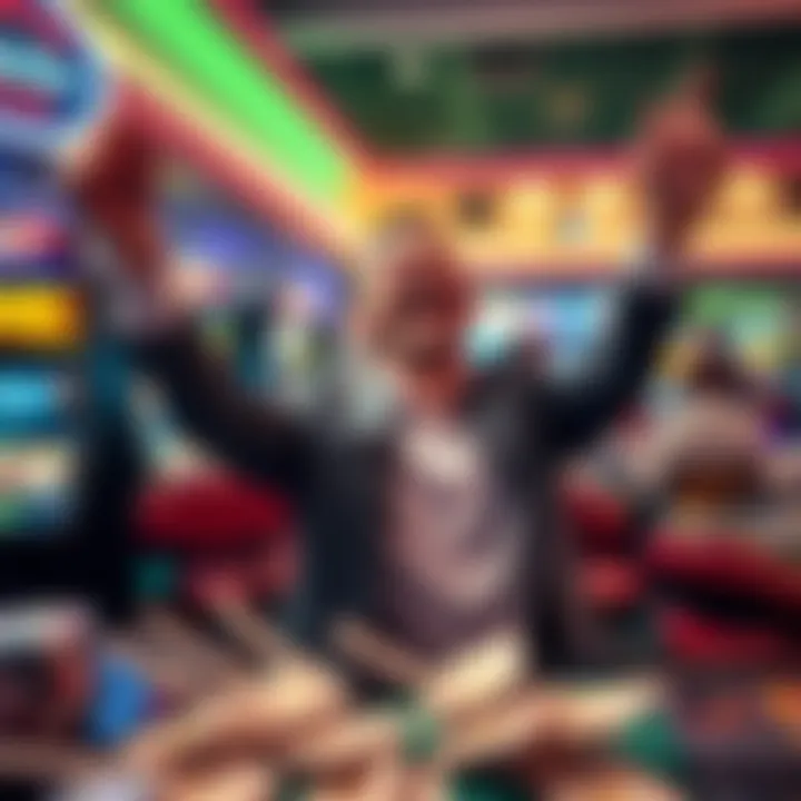 A joyful player celebrating after hitting their first hand pay at a casino, displaying excitement and cash winnings