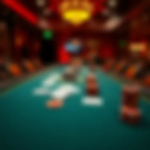 A poker table during a no-limit Texas hold'em tournament with cards and chips on display.