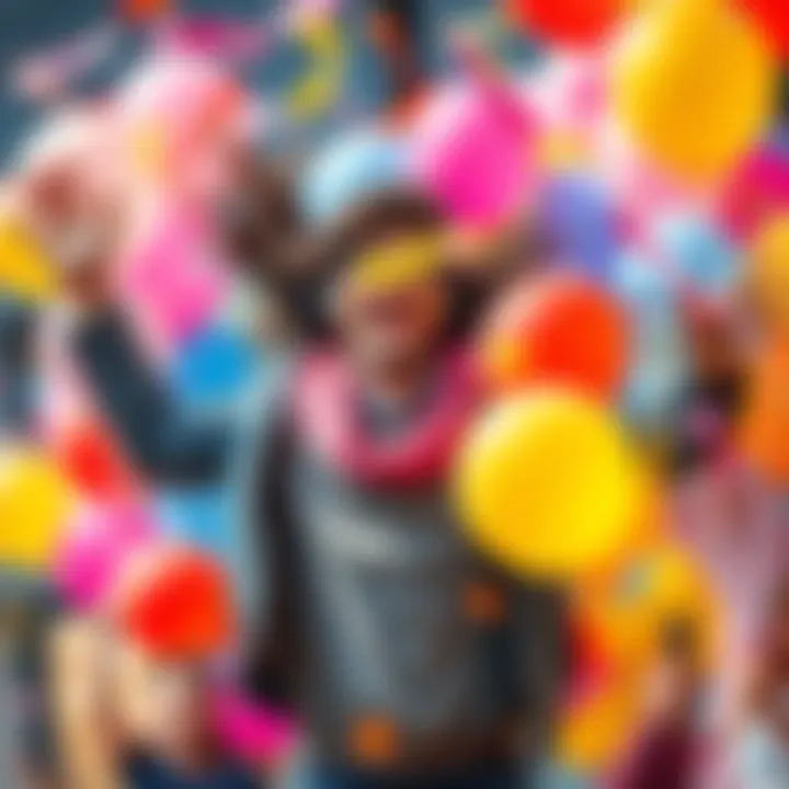 First-Time Excitement A person smiling and jumping with joy during a first-time experience, surrounded by colorful balloons and confetti.