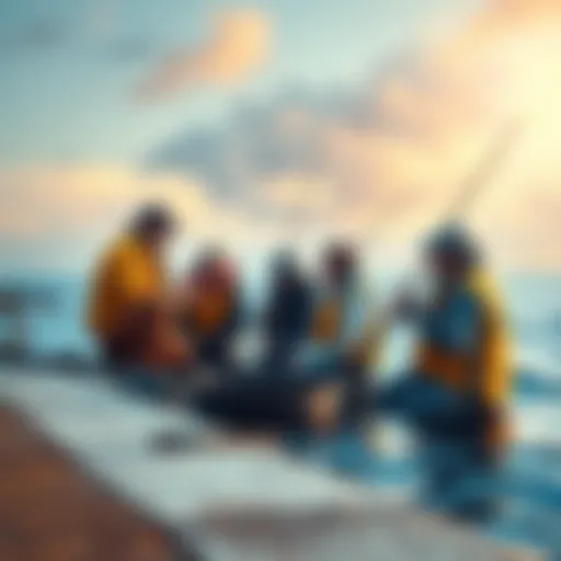 A group of fishermen sharing tips and trends by the water
