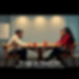 Five people sitting around a table discussing different viewpoints