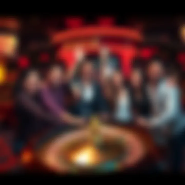 Five friends joyfully celebrate after winning $50,000 on a roulette game, holding up cash and smiling