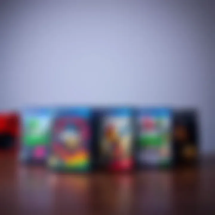 A colorful collection of five video game boxes arranged together, showcasing various game genres for a multi-game experience.