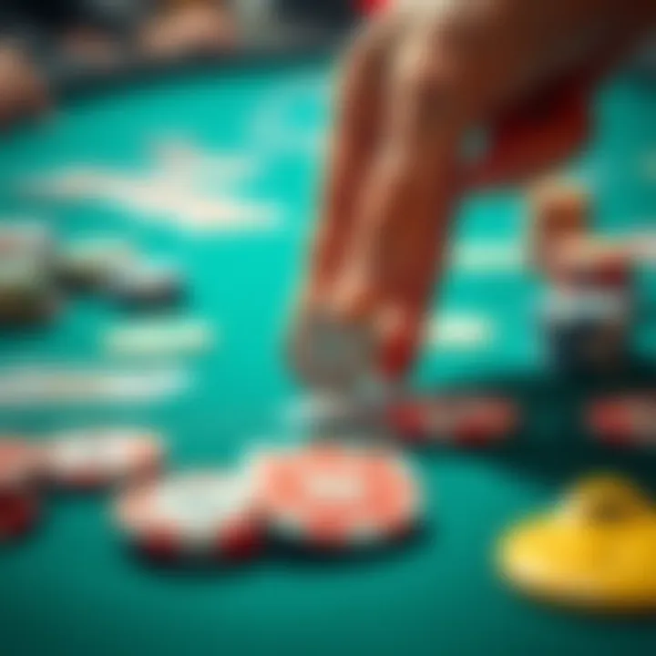 A close-up of a hand placing a five dollar chip on a betting table surrounded by other colorful chips and cards.