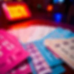 A close-up of colorful Five Game Lotto tickets spread out on a table, inviting players to try their luck.