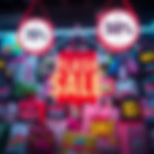 A vibrant display of discounted products with bold prices marked down, creating a sense of urgency to buy now