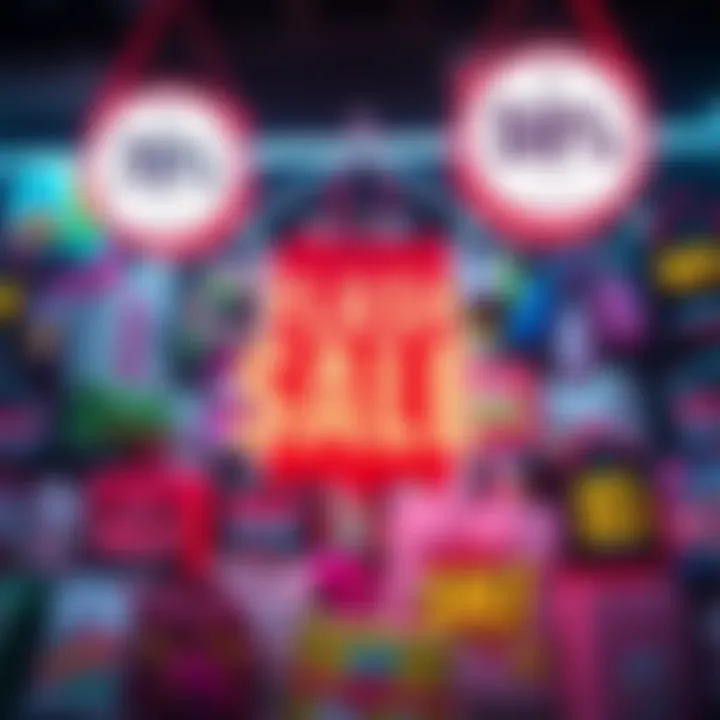 A vibrant display of discounted products with bold prices marked down, creating a sense of urgency to buy now