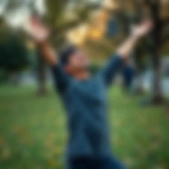 A person joyfully stretching and laughing in a park, representing flexibility and a lighthearted approach to life.