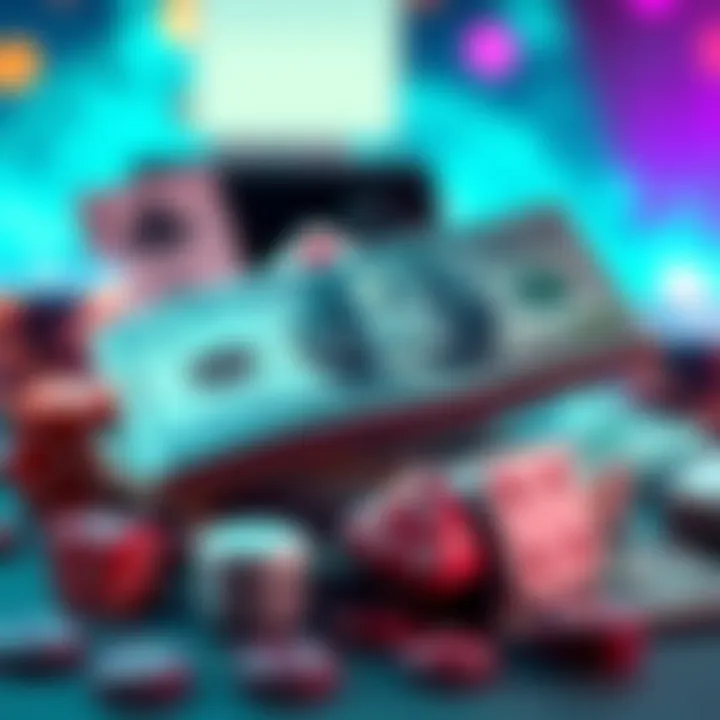 A graphic showing cash with gaming symbols like dice and cards, representing Fliff flex cash in the gaming community.