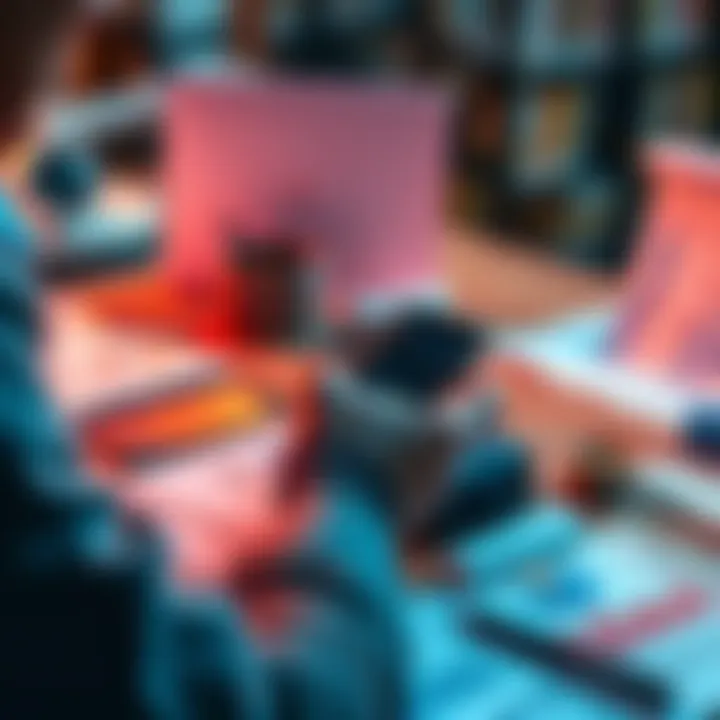 A person analyzing their performance on a smartphone while sitting at a desk with notes and graphs around them.