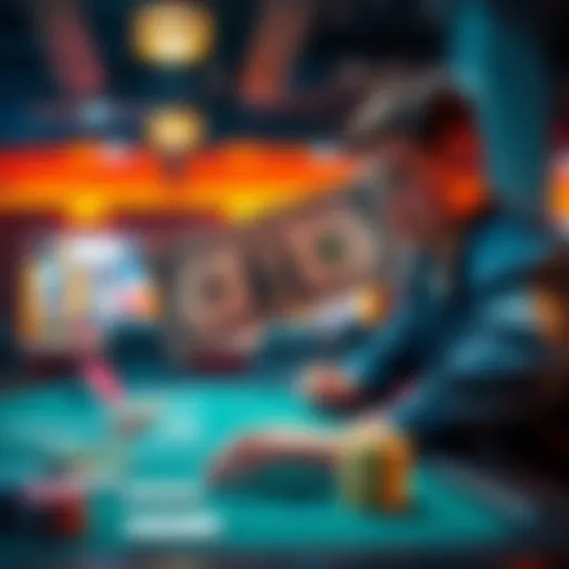 A gamer flips a dollar bill while playing gravity blackjack at a table, showcasing excitement and anticipation of winning.