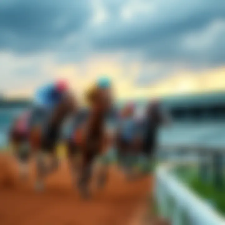 Florida thoroughbred racing Thoroughbred horses racing at a Florida track with empty stands in the background