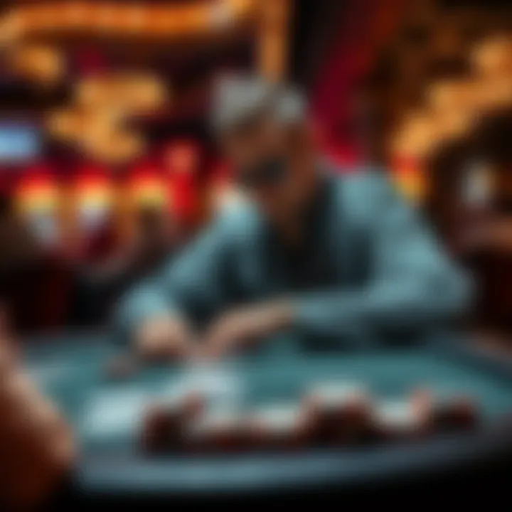A blackjack player intensely focused on the game during a long session, with cards and chips in front, showing signs of mental endurance
