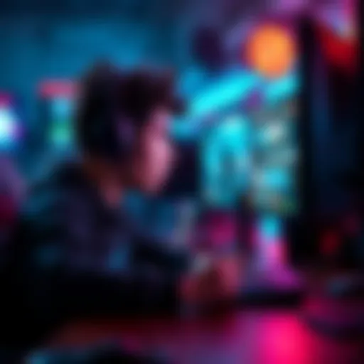 A person intensely playing a video game, with a computer screen showing a competitive gameplay scene and gaming gear around them.