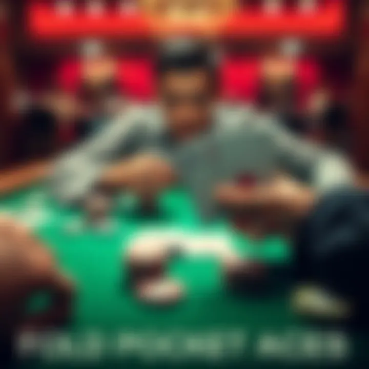 A poker table scene showing a player folding pocket aces with a concerned expression, surrounded by chips and cards.