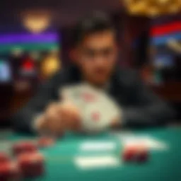 A player folding a poker hand with top pair and best kicker at a table, showing a thoughtful expression as they consider their decision.