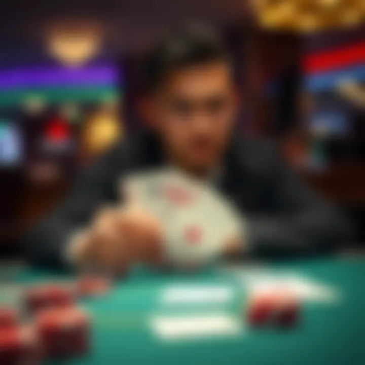 Folding Poker Hand A player folding a poker hand with top pair and best kicker at a table, showing a thoughtful expression as they consider their decision.