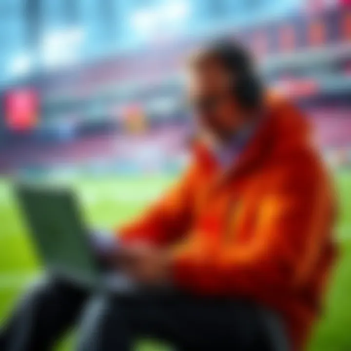 A football coach analyzing stats and odds with a laptop and notepad, representing sports betting strategies.