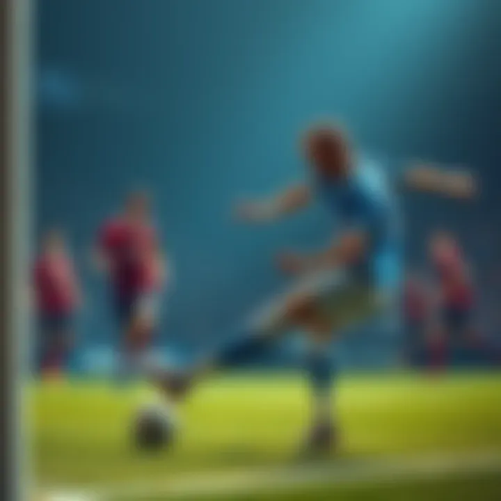 A football player prepares to shoot on goal during a match, with teammates and opponents in the background.