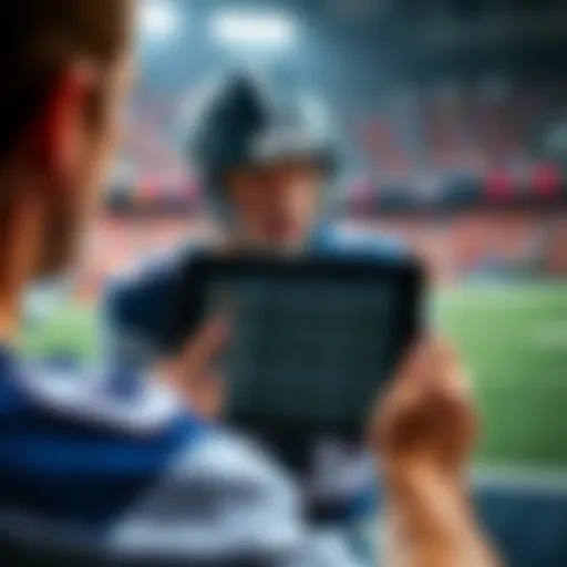A football fan looks at betting odds on a tablet while wearing a team jersey. The screen displays various prop bets and touchdown picks for NFL games.