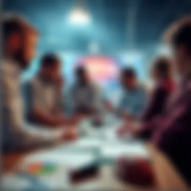 A group of people discussing NFL Super Bowl betting strategies with charts and notes on a table