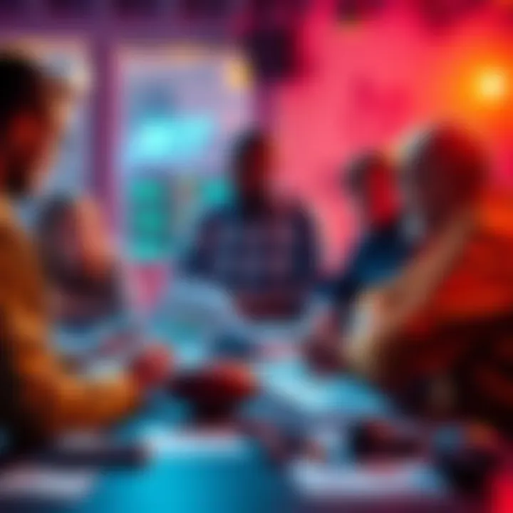 People discussing Super Bowl betting picks at a table with sports analysis materials.