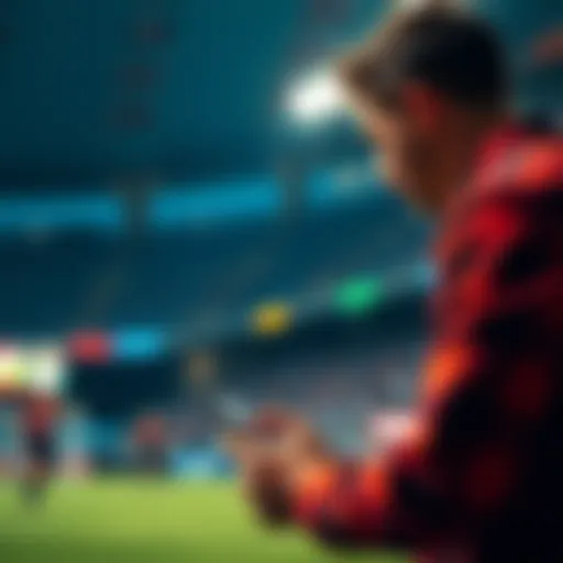 A person placing a bet on a football game during live action, showing excitement and focus on the game.