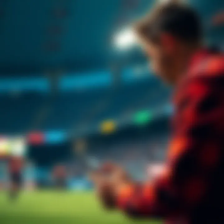 A person placing a bet on a football game during live action, showing excitement and focus on the game.