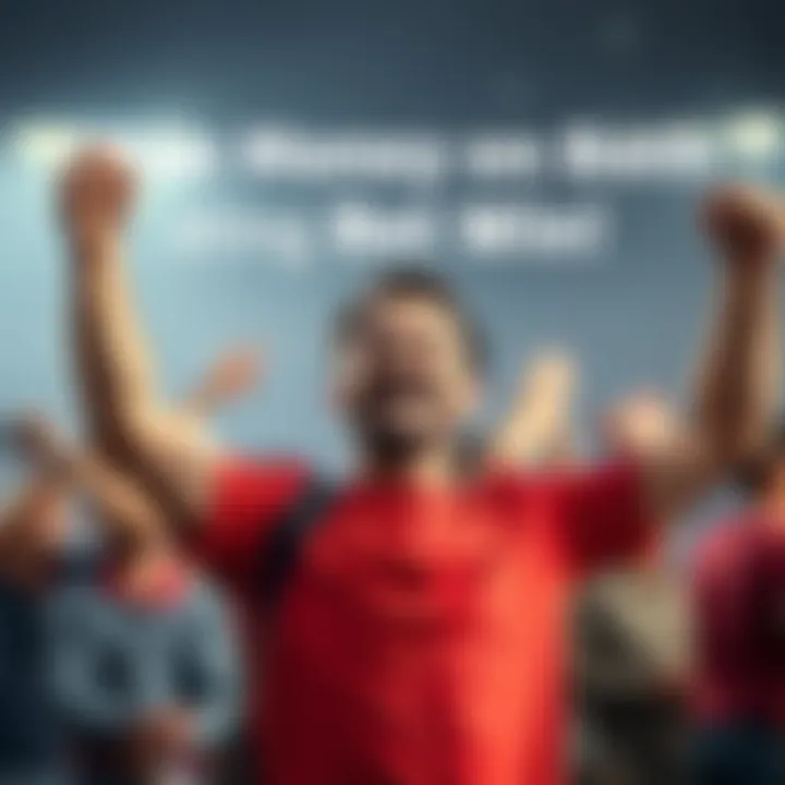 A football fan cheers with excitement after winning bets on both teams during a game, showcasing joy and surprise.