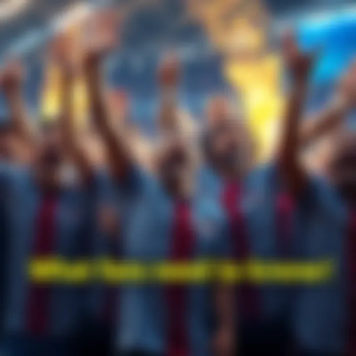 A group of excited football fans in team jerseys celebrating a goal with arms raised and smiles on their faces.