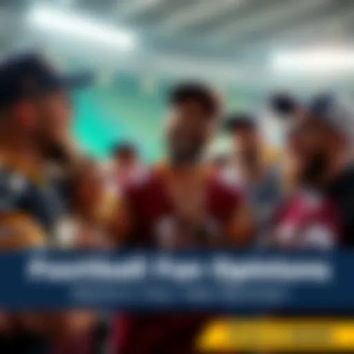 A group of football fans chatting excitedly about their opinions on the recent football season, wearing team jerseys and hats.