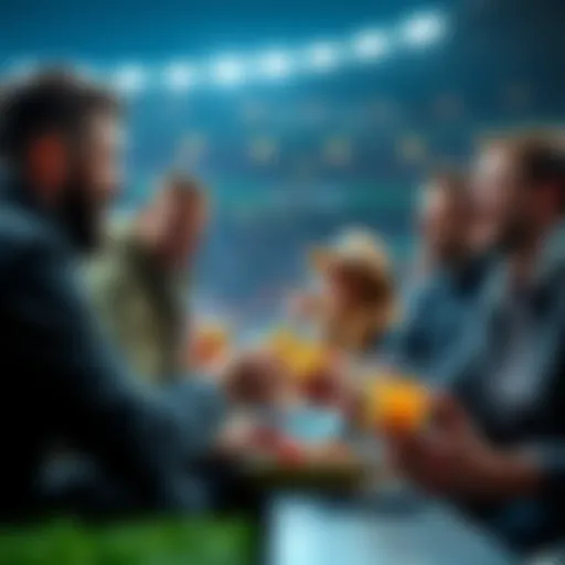 A group of football fans sharing food and drinks at a stadium while watching a match