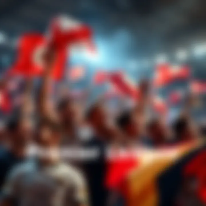 Group of football fans cheering and waving flags during a Premier League match