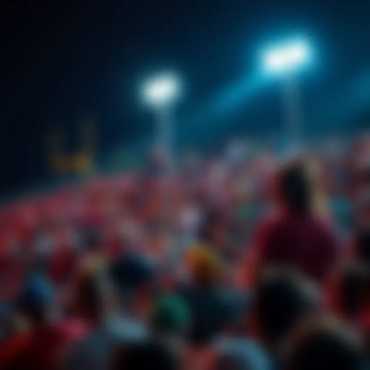 Football Game Night A lively crowd cheering at a Friday night football game with team banners and lights in the background