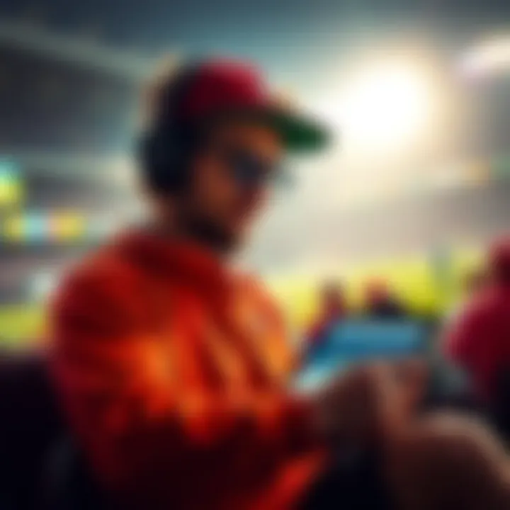 A football fan analyzing halftime betting options with a tablet