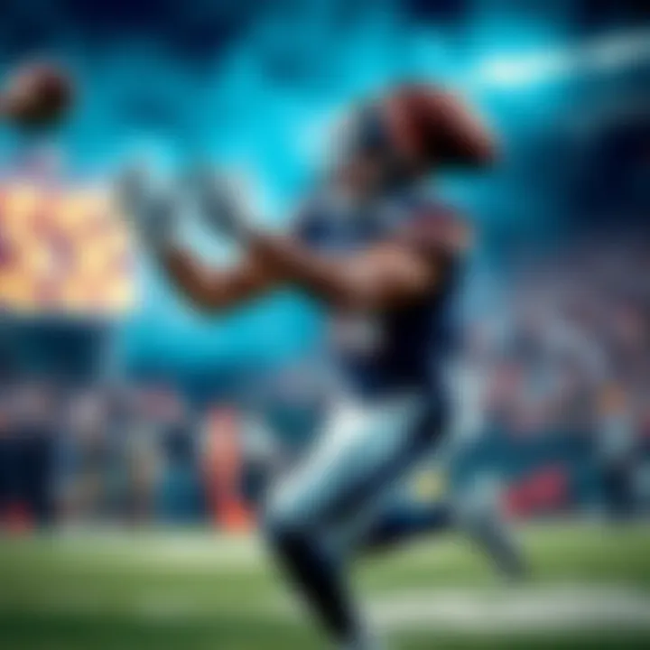 A football player reaches out to catch a pass during a game, showcasing determination and focus.