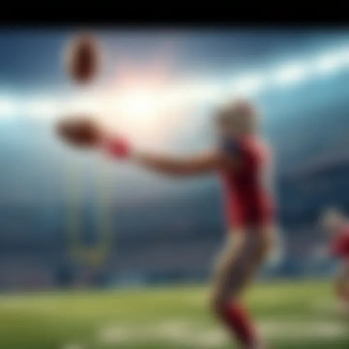 Football player throwing a Hail Mary pass A football player launching a long pass during a game, with teammates and opponents in the background, capturing the moment of a high-stakes play.