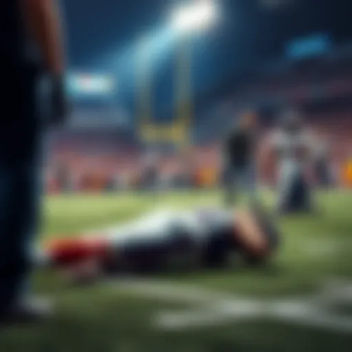 A football player lying on the ground with medical staff attending to him during a game