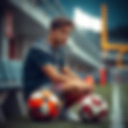 A football player sits on the sidelines, looking thoughtful and contemplative, with a soccer ball beside him on the ground.