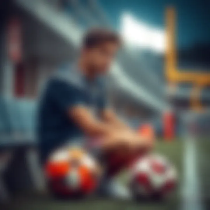 A football player sits on the sidelines, looking thoughtful and contemplative, with a soccer ball beside him on the ground.