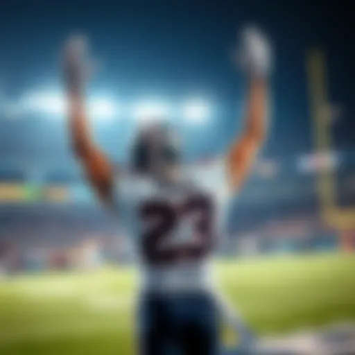 A football player raises his hands in celebration after scoring a touchdown during a game