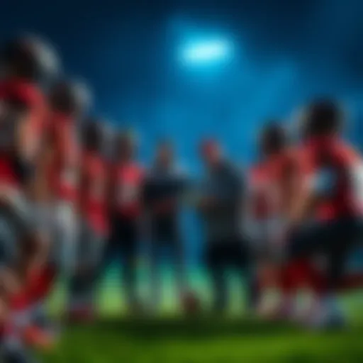 A football team gathered around a coach during halftime, discussing strategies and reviewing plays on a clipboard.