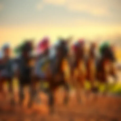 A group of foreign horses competing in a race during the American Triple Crown events, showcasing diverse breeds and jockeys